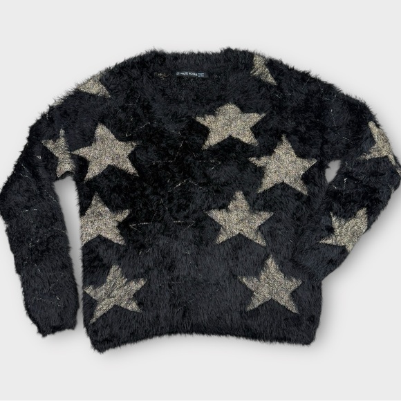 Haute Rogue Black Fuzzy Star Sweater M Glam Metallic Knit Cozy Indie Festival - Picture 2 of 9